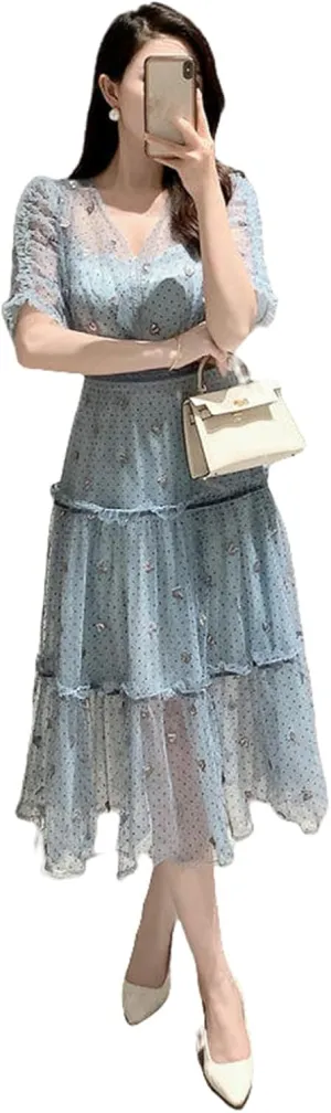 JYHBHMZG Women's Summer French Elegant Embroidered Polka Dot Mesh A-Line Midi Dress
