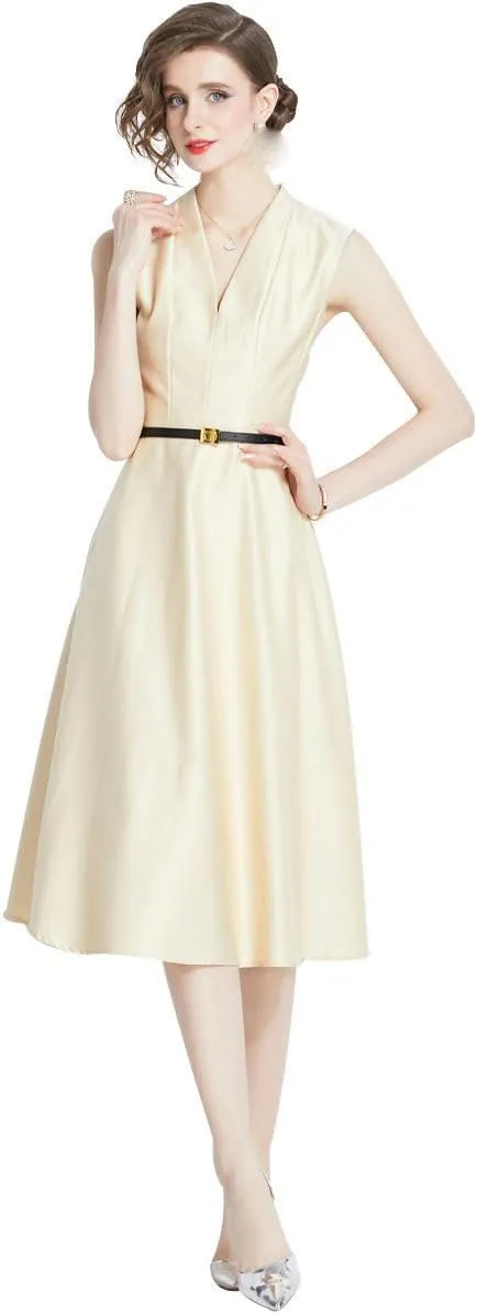 JYHBHMZG Women's Summer High-Waist Slim-Fit Slimming Sleeveless Tie-Waist Midi Dress