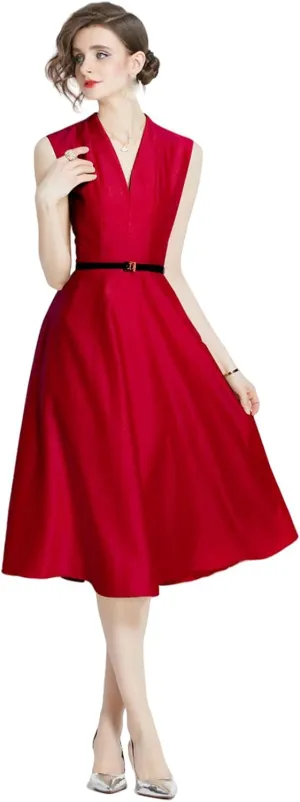 JYHBHMZG Women's Summer High-Waist Slim-Fit Slimming Sleeveless Tie-Waist Midi Dress