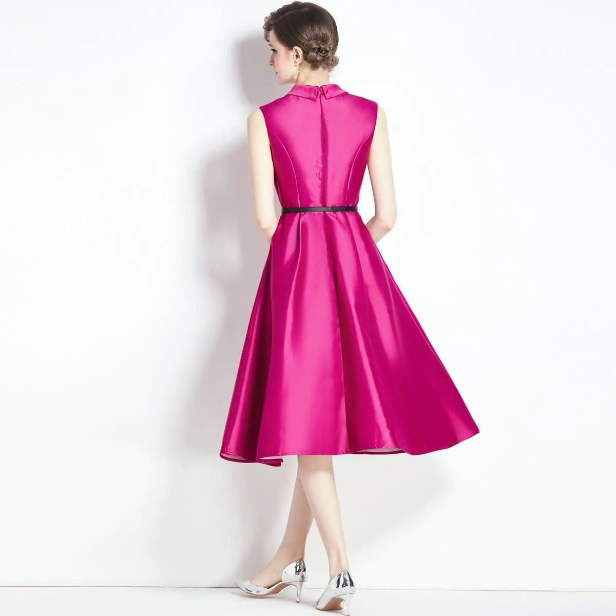 JYHBHMZG Women's Summer High-Waist Slim-Fit Slimming Sleeveless Tie-Waist Midi Dress