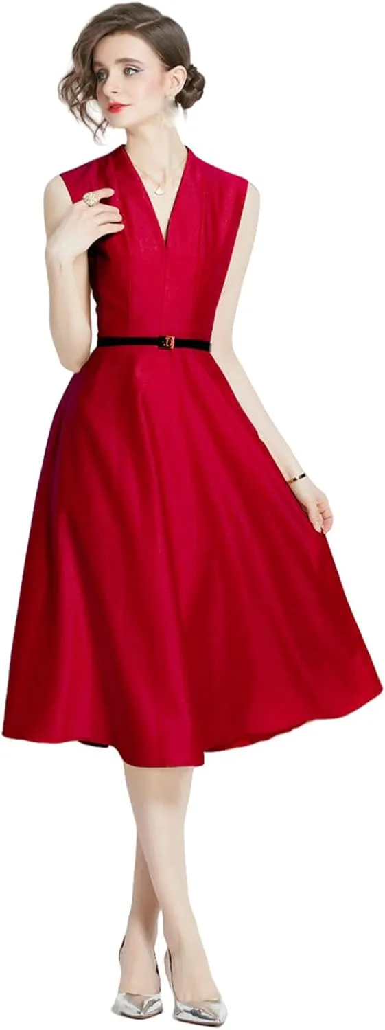 JYHBHMZG Women's Summer High-Waist Slim-Fit Slimming Sleeveless Tie-Waist Midi Dress