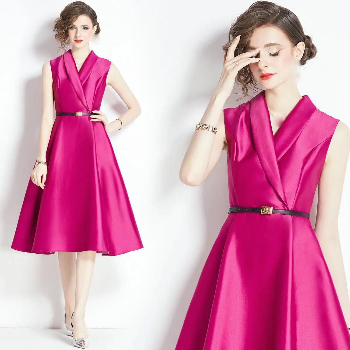 JYHBHMZG Women's Summer High-Waist Slim-Fit Slimming Sleeveless Tie-Waist Midi Dress