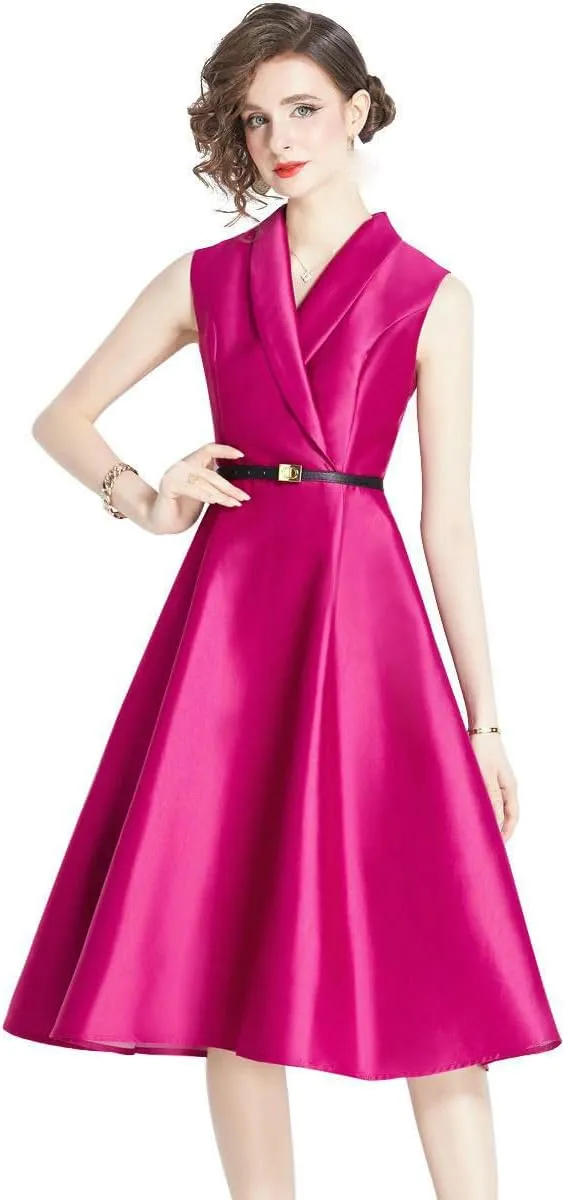 JYHBHMZG Women's Summer High-Waist Slim-Fit Slimming Sleeveless Tie-Waist Midi Dress