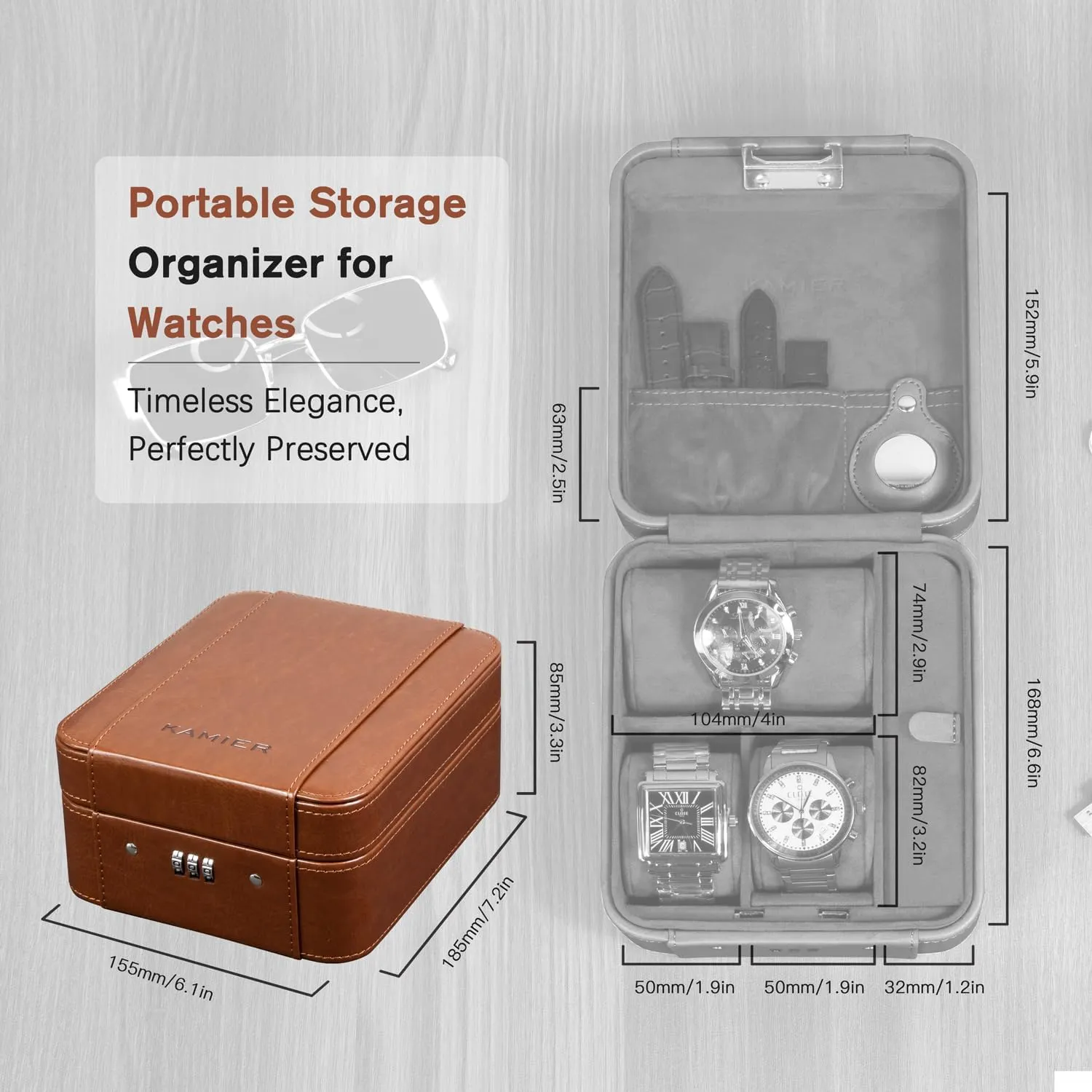KAMIER Watch Case with Combination Lock - 4 Watch Storage and Jewelry Organizer - Watch Travel Case for Ring and Watch Storage, PU Leather Travel Watch Case, Ideal for Gift (With Gift Box), Brown