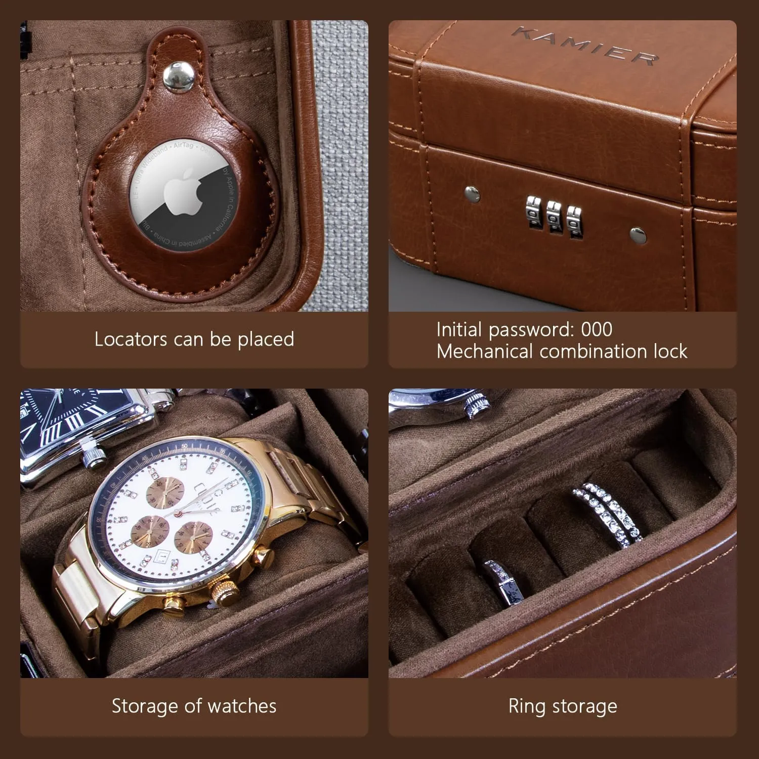 KAMIER Watch Case with Combination Lock - 4 Watch Storage and Jewelry Organizer - Watch Travel Case for Ring and Watch Storage, PU Leather Travel Watch Case, Ideal for Gift (With Gift Box), Brown