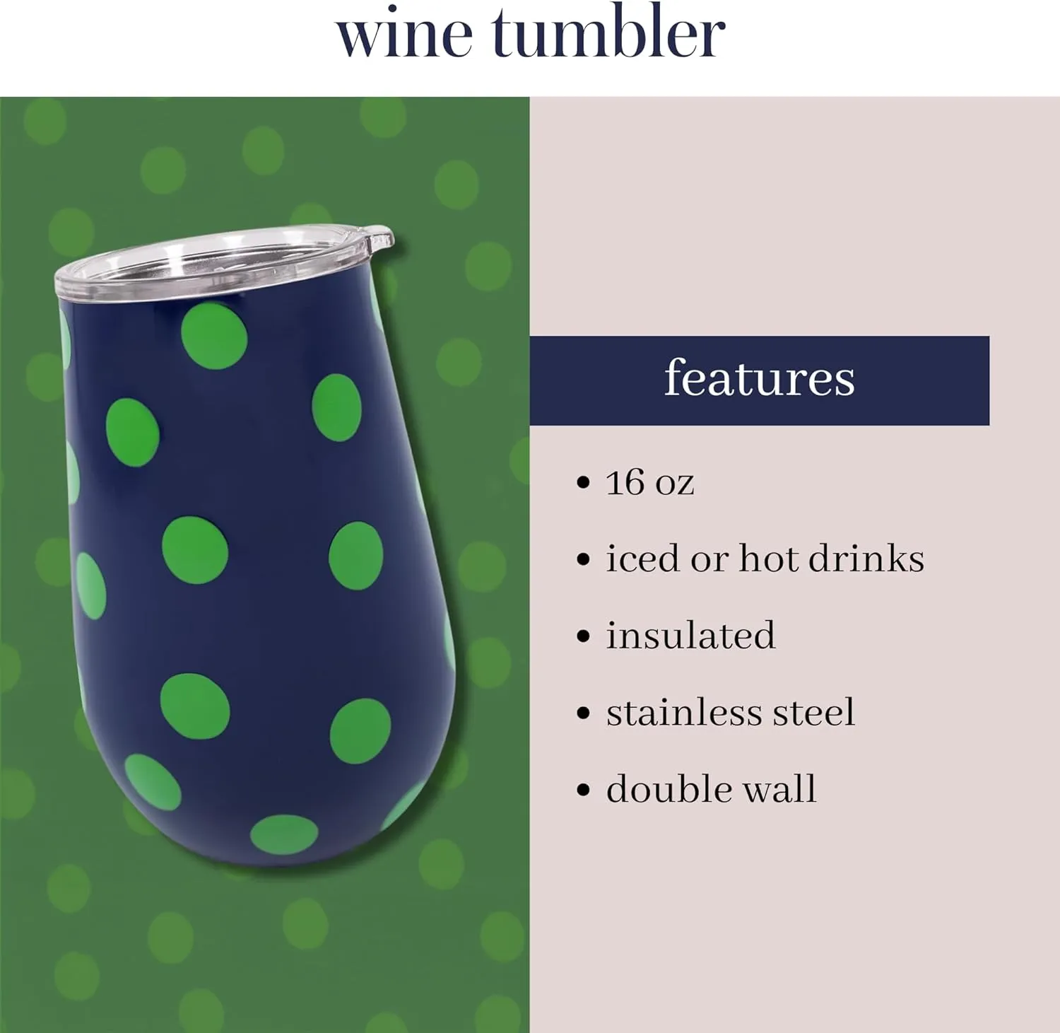 kate spade new york Insulated Stainless Steel Wine Tumbler, 16 Ounce Double Wall Tumbler, Blue Stemless Travel Cup with Lid, Sonnet Dot