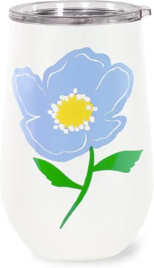 kate spade new york Insulated Stainless Steel Wine Tumbler, 16 Ounce Double Wall Tumbler, Blue Stemless Travel Cup with Lid, Sunshine Floral