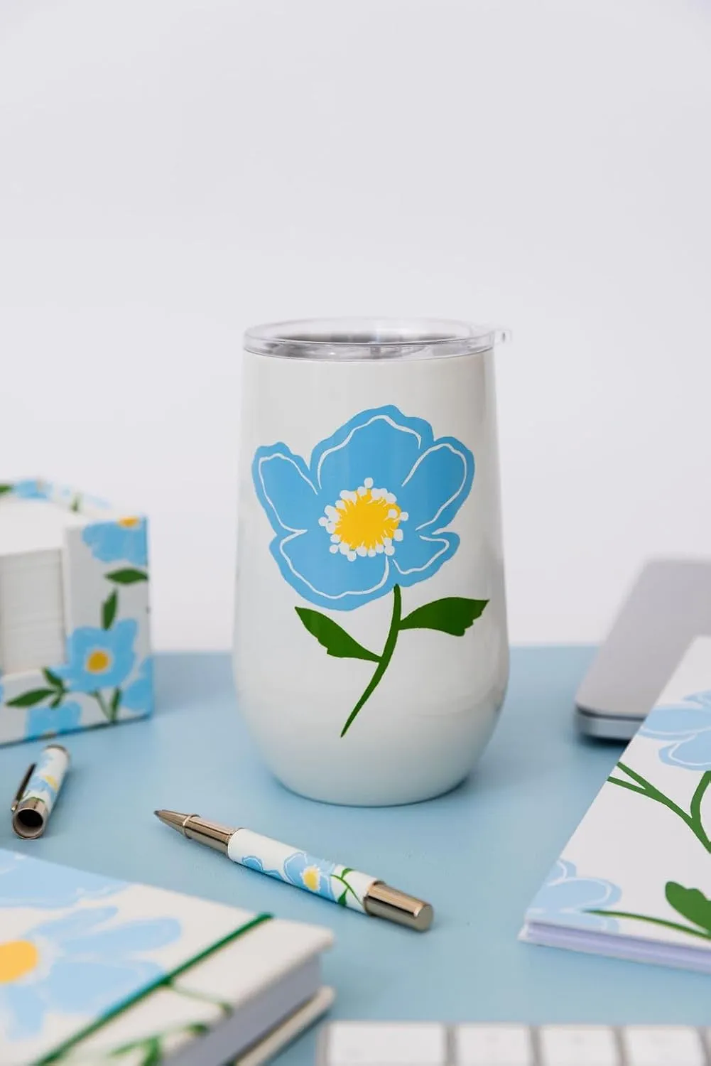kate spade new york Insulated Stainless Steel Wine Tumbler, 16 Ounce Double Wall Tumbler, Blue Stemless Travel Cup with Lid, Sunshine Floral