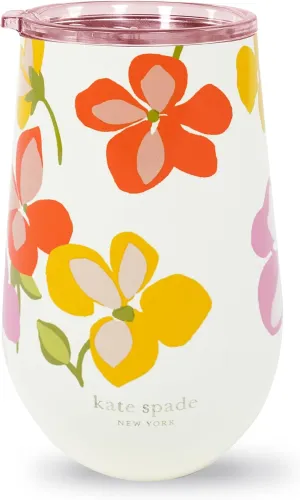 kate spade new york Insulated Stainless Steel Wine Tumbler, 16 Ounce Double Wall Tumbler, Floral Stemless Travel Cup with Lid, Spring Pansies