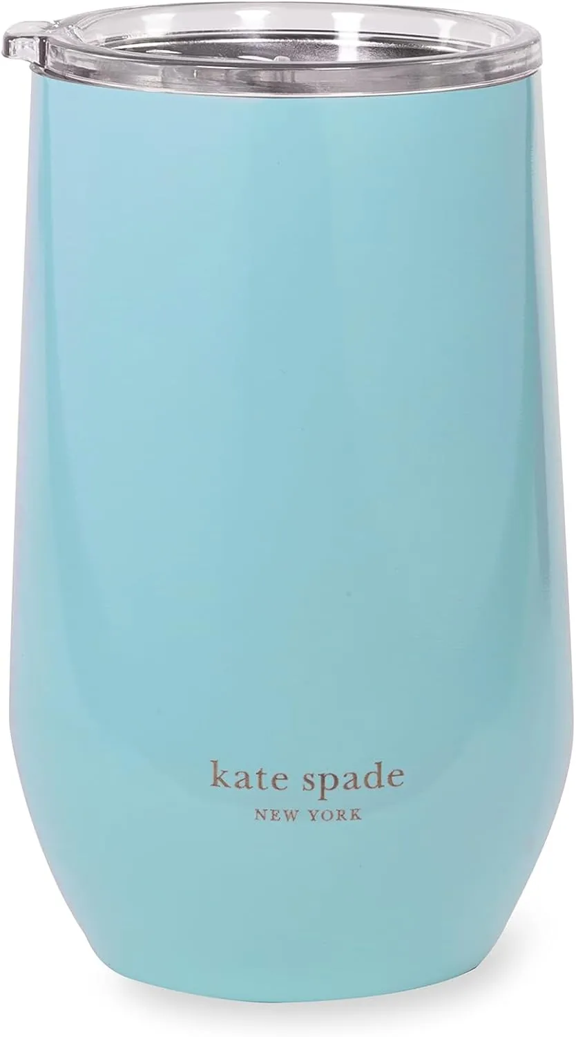 kate spade new york Insulated Stainless Steel Wine Tumbler, 16 Ounce Double Wall Tumbler, Stemless Travel Cup with Lid (Happy Hour)