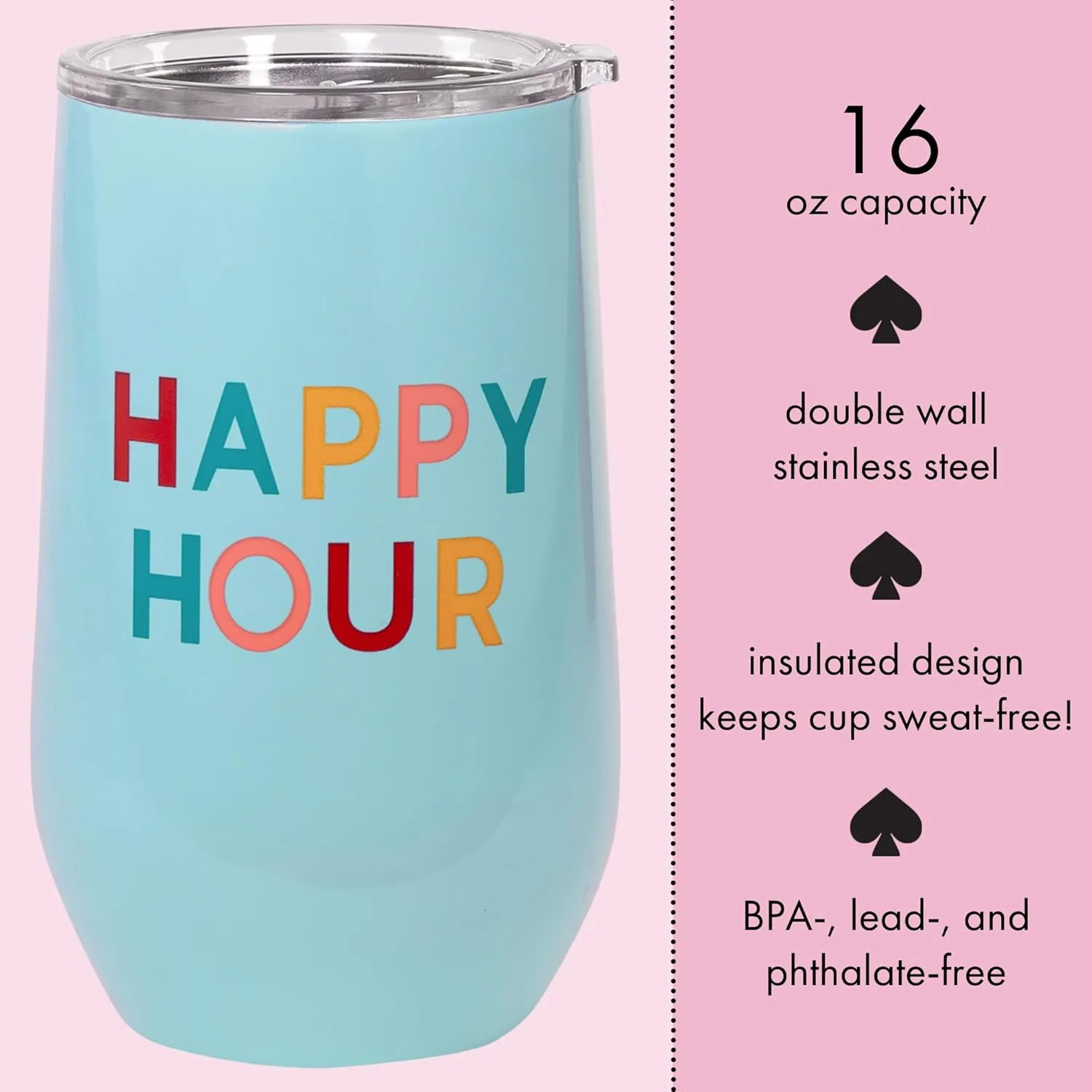 kate spade new york Insulated Stainless Steel Wine Tumbler, 16 Ounce Double Wall Tumbler, Stemless Travel Cup with Lid (Happy Hour)