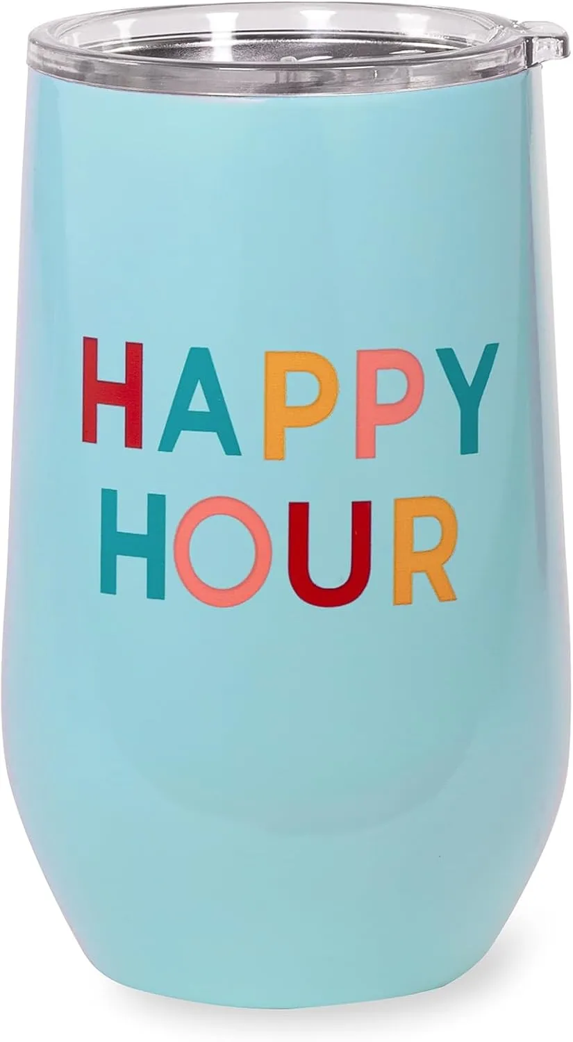 kate spade new york Insulated Stainless Steel Wine Tumbler, 16 Ounce Double Wall Tumbler, Stemless Travel Cup with Lid (Happy Hour)