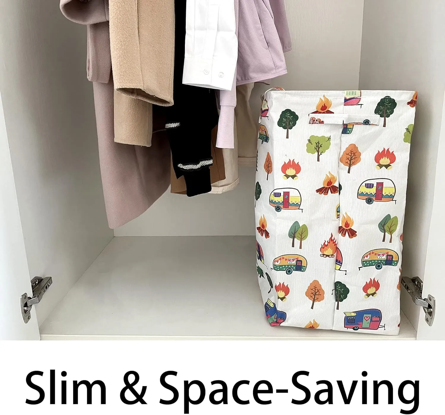 Kay&J Collapsible 60L Laundry Basket, Slim and Tall Laundry Hamper, Long Handles for Portability, Great for Home and Camper Use, Camper Gift RV Travel Trailer Camper Accessories