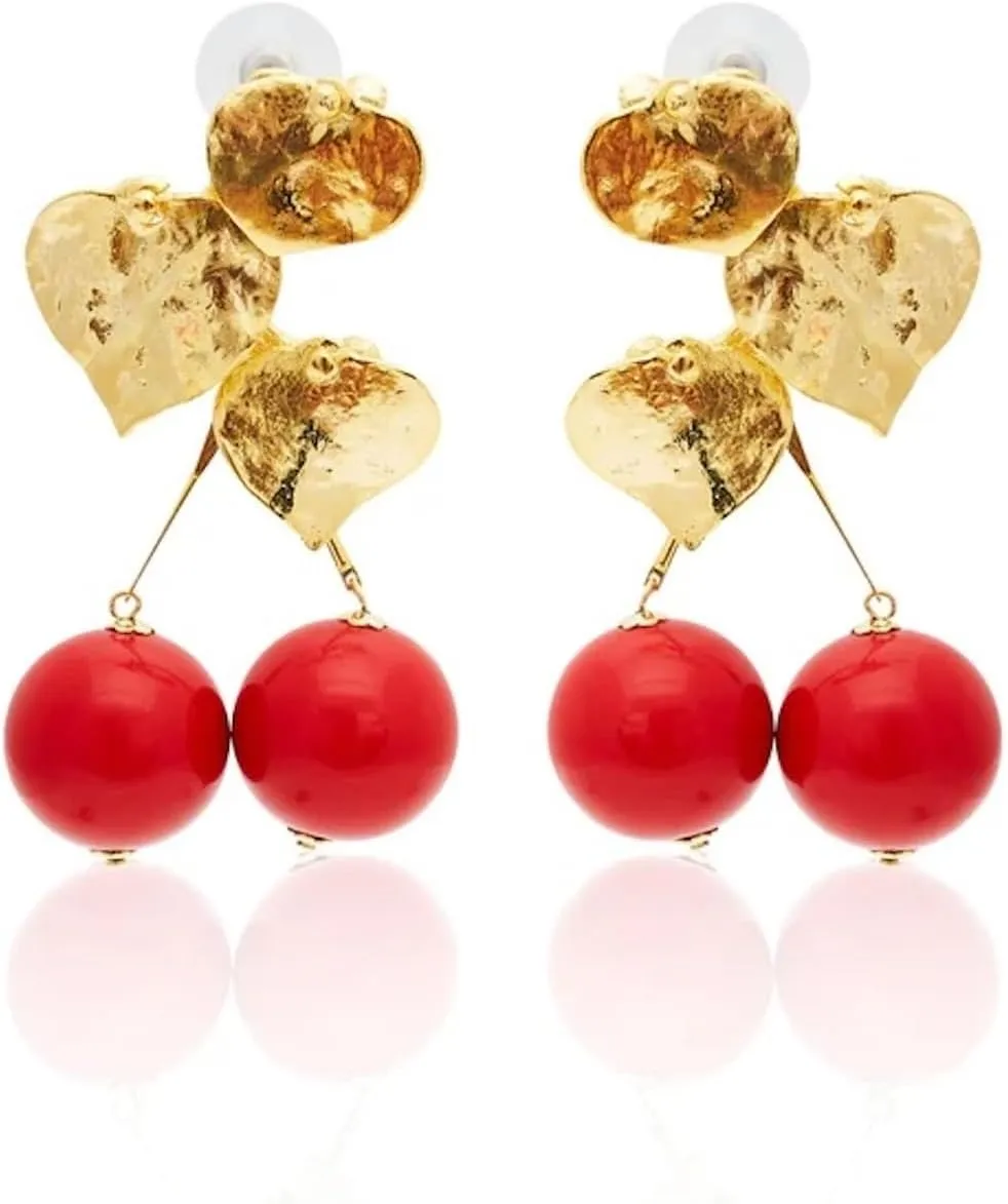 Kenneth Jay Lane 2.5" Satin Gold Leaves with Cherry Drop Post Earrings Satin Gold/Red One Size