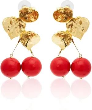 Kenneth Jay Lane 2.5" Satin Gold Leaves with Cherry Drop Post Earrings Satin Gold/Red One Size