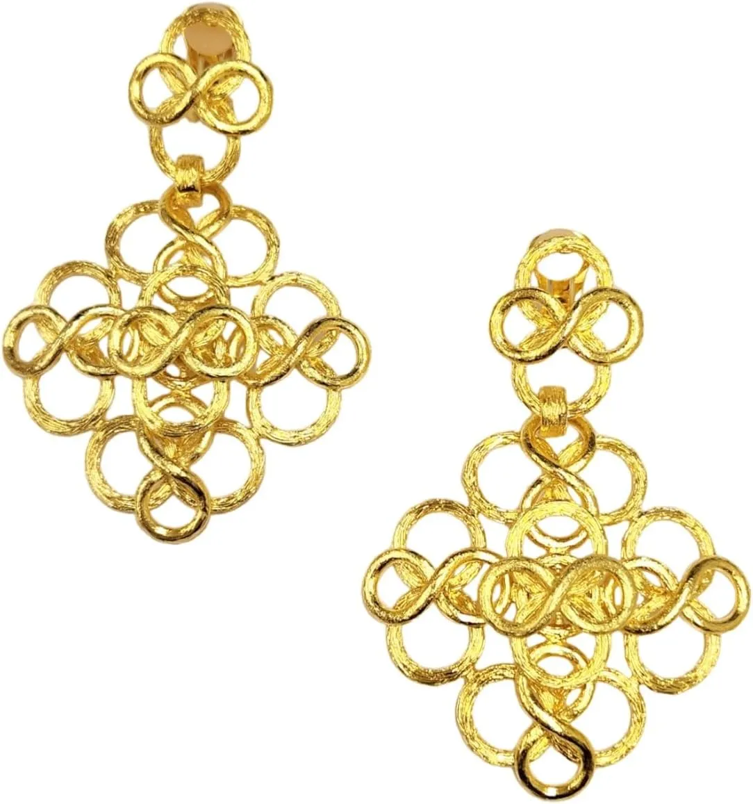 Kenneth Jay Lane Satin Gold Clip-On Earrings - Twisted Rope Bow or Fancy Gold Ornate Swirl Drop