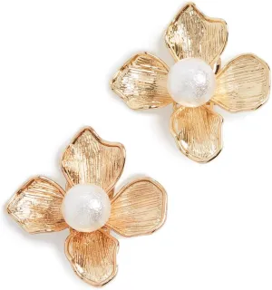 Kenneth Jay Lane Satin Gold Flower Clip-On Earrings (Pearl Center)