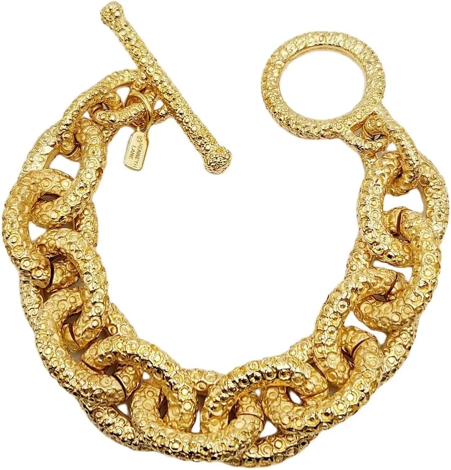 Kenneth Jay Lane Textured Round Link Satin Gold Necklace and Bracelet with Toggle