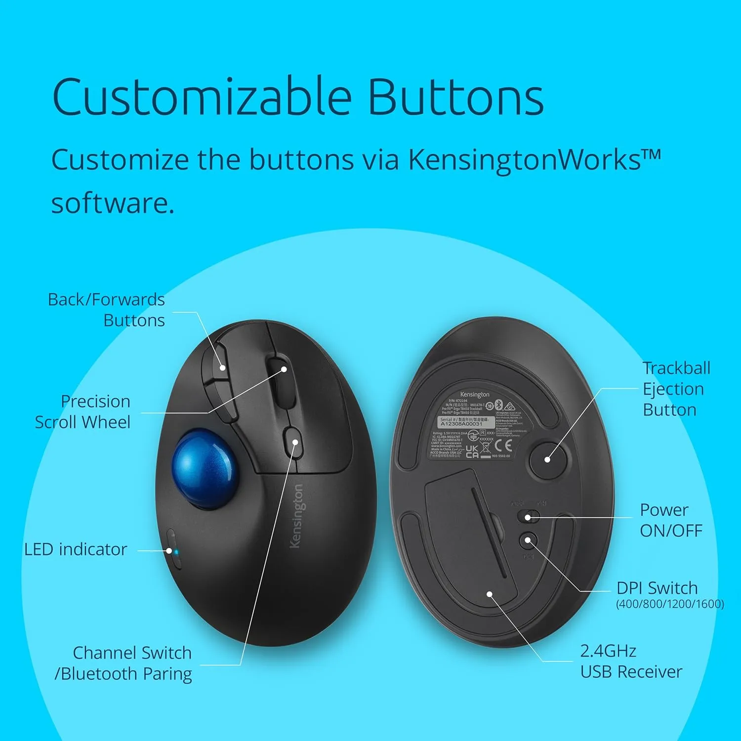 Kensington TB450 Wireless Trackball Mouse, Bluetooth LE & 2.4GHz Connection, 4 DPI Options, Connect up to 3 Devices (K72194WW), Black-Blue