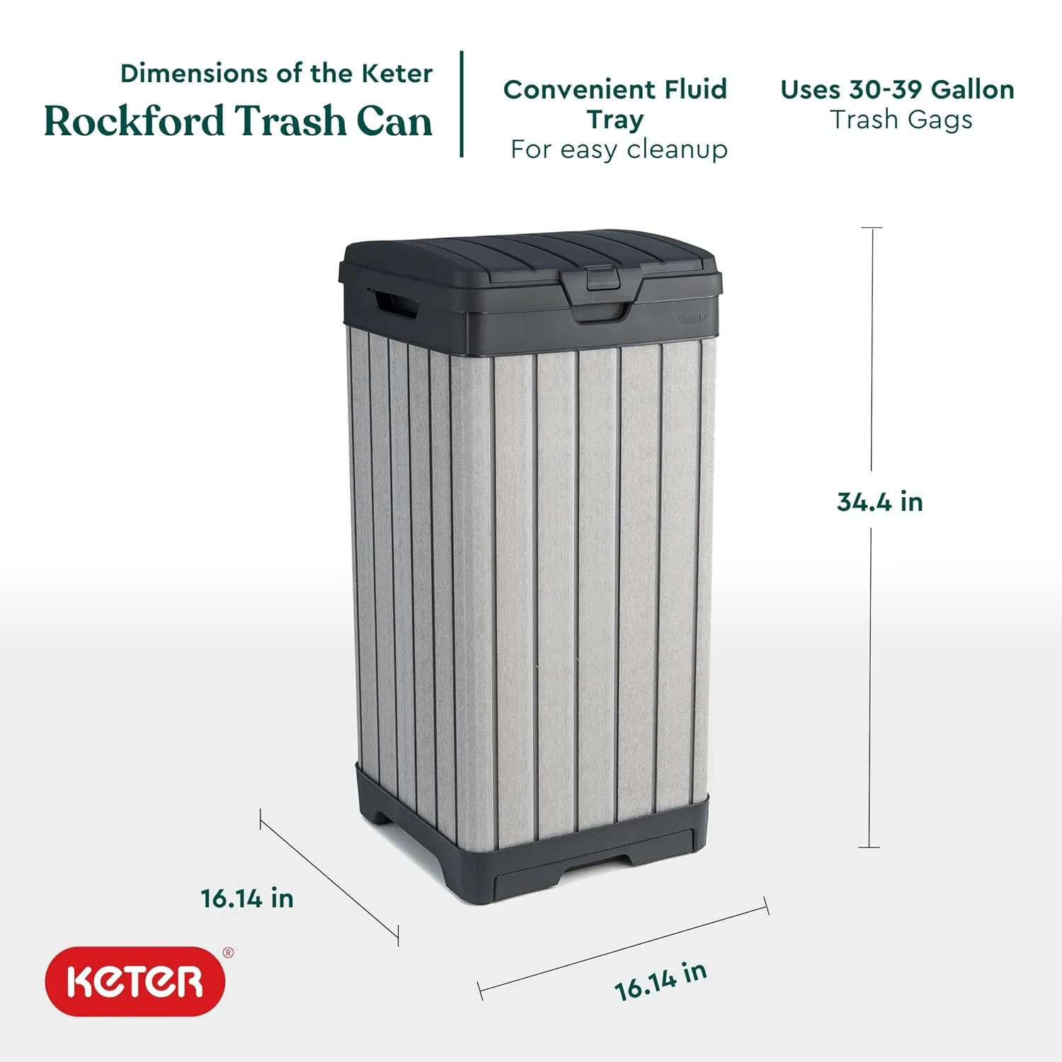 Keter Rockford Resin 38 Gallon Outdoor Kitchen Trash Can with Lid and Drip Tray for Easy Cleaning-Perfect for Patio Dining, Grey