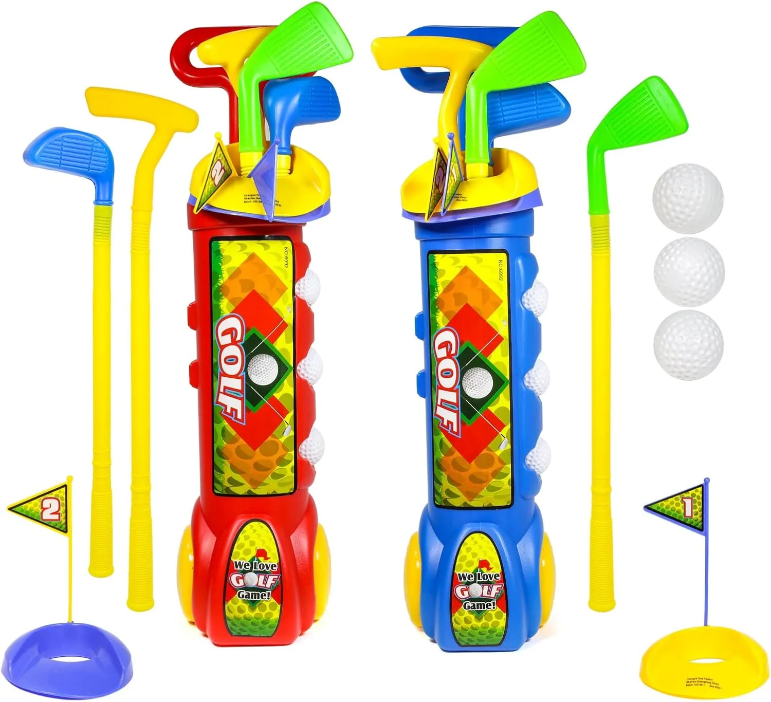 Kids 2pk Sports Toy Golf Clubs with Golf Balls Putter Iron Wedge, Red Blue, Unisex, Ages 3 