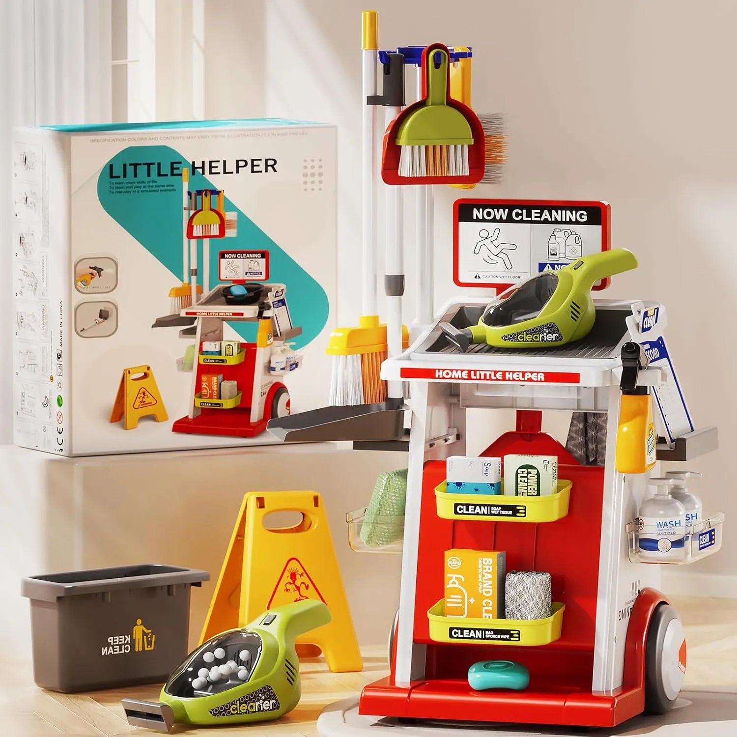 Kids Cleaning Set for Toddlers, Detachable 22 Pcs Cleaning Toys, Educational Toddler Cleaning Carts Includes Real Working Vacuum Cleaner, Broom, Spray Bottle and More (Red)