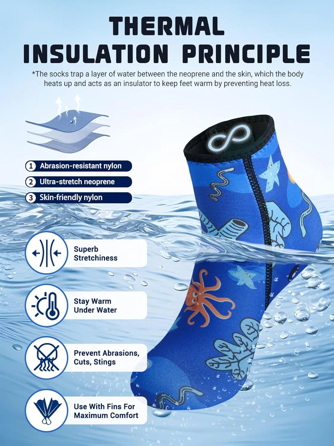 Kids Neoprene Socks 3mm Water Socks Sand Socks Anti-Slip Swimming Socks Keep Warm Wetsuit Socks for Water Sport
