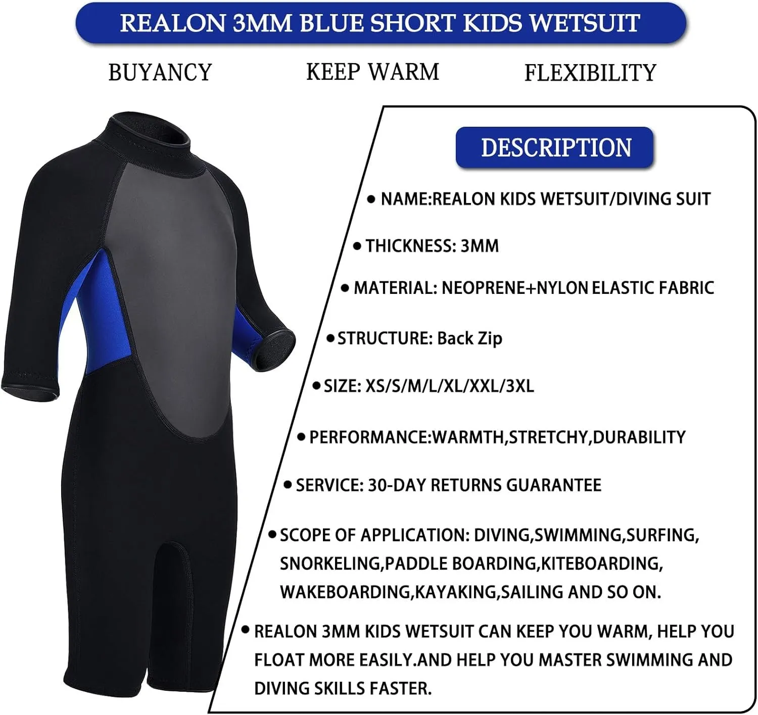 Kids Wetsuit for Girls Boys Toddler and Youth 3mm Neoprene Child Full Wet Suits Warm in Cold Water Thermal Swimsuit Back Zip for Swimming Diving Jet Skiing Surfing