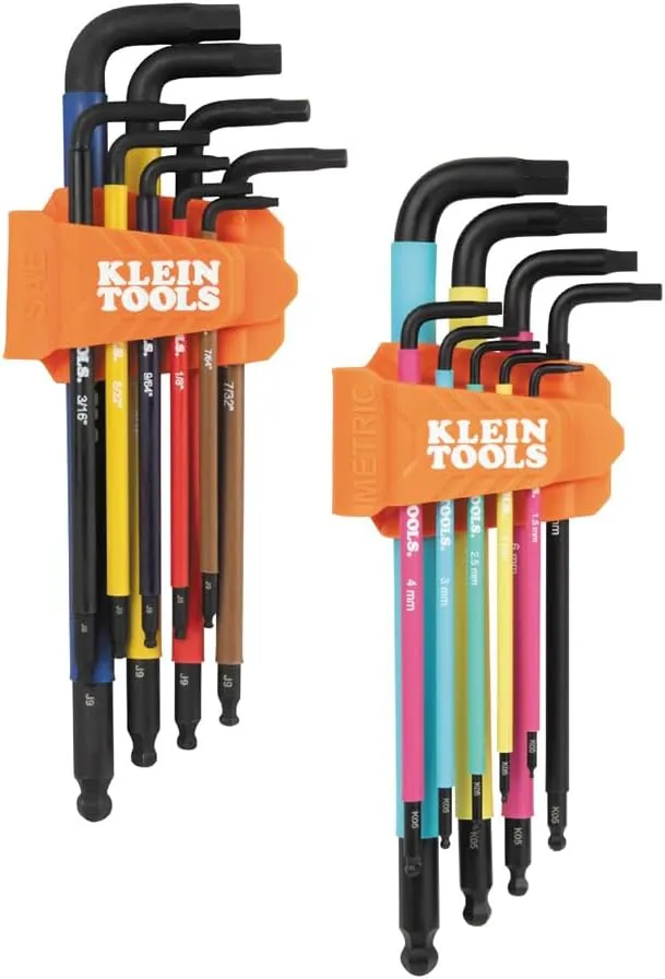 Klein Tools BLS18 Hex Key Wrench Set, Color Coded, SAE and Metric, Heat-Treated, L-Style, 1/16-Inch to 3/8-Inch and 1.5 mm to 10 mm, 18-Piece