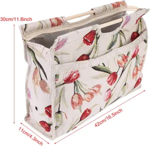 Knitting Needle Storage, Foldable Knitting Bag Yarn Organizer Bag, Exquisite Wood Handle Fabric Storage Bag for Knitting Needles Sewing Tools (rose jacquard), AILOOCEDI2uc5y8ebtw-02