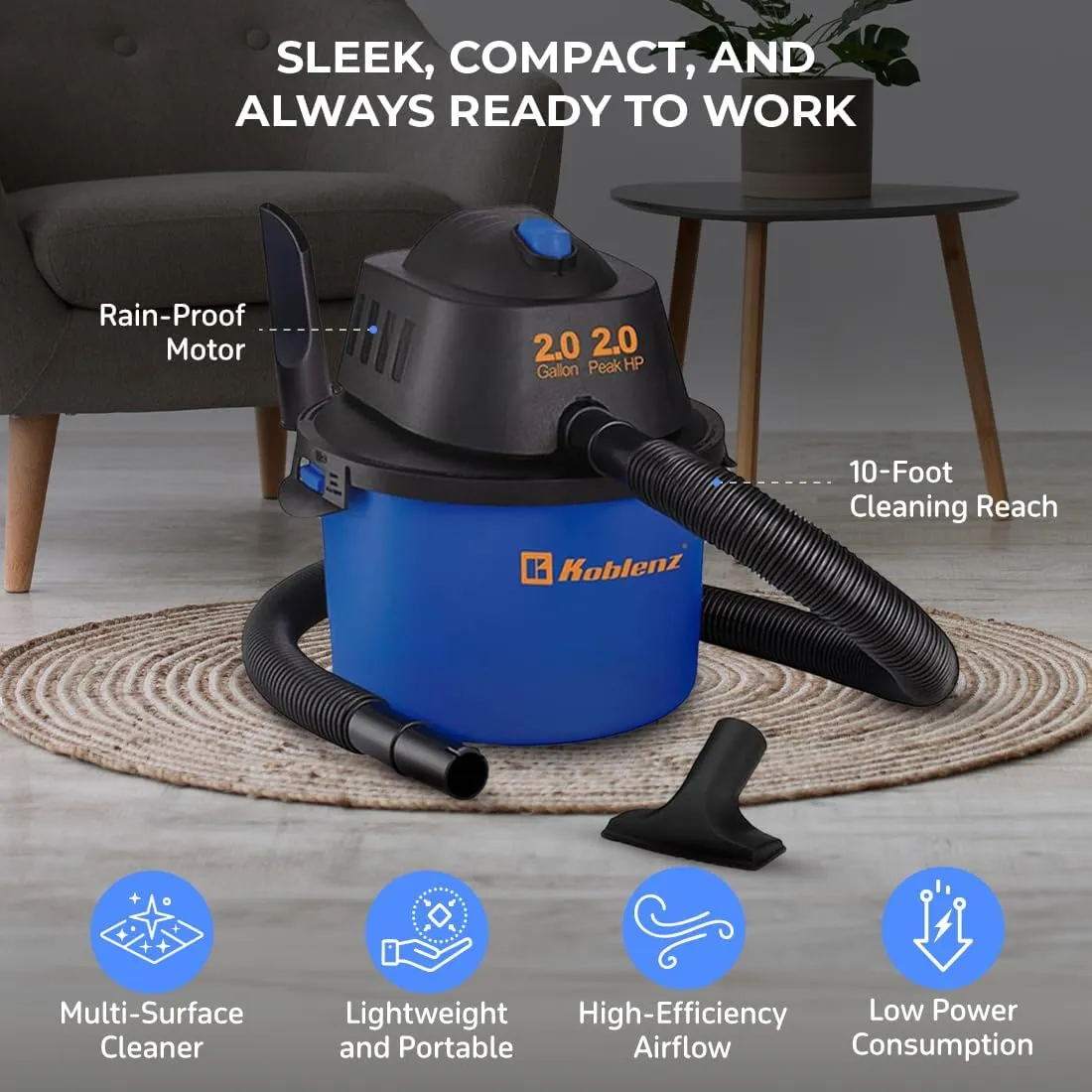 Koblenz WD-2L Portable Wet Dry Vacuum, 2-Gallon 2 PHP Suction Plus Blower Vacuum Cleaner for Liquids, Dust, Pet Hairs, 10' Reach, Ideal for Home, Car, Garage, Shop, Accessories Included, Blue/Black