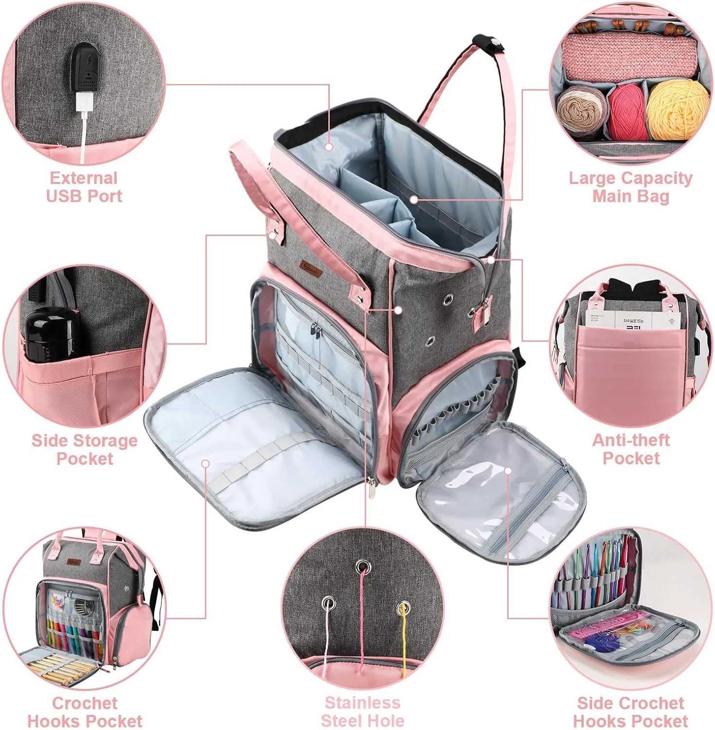 KOKNIT crochet bag,knitting bagBackpack and Tote Bag Storage Bag ，Large capacityYarn Storage Organizer Travel Crochet Bag Women Carrying Crochet Accessories Knitting Needles Crochet
