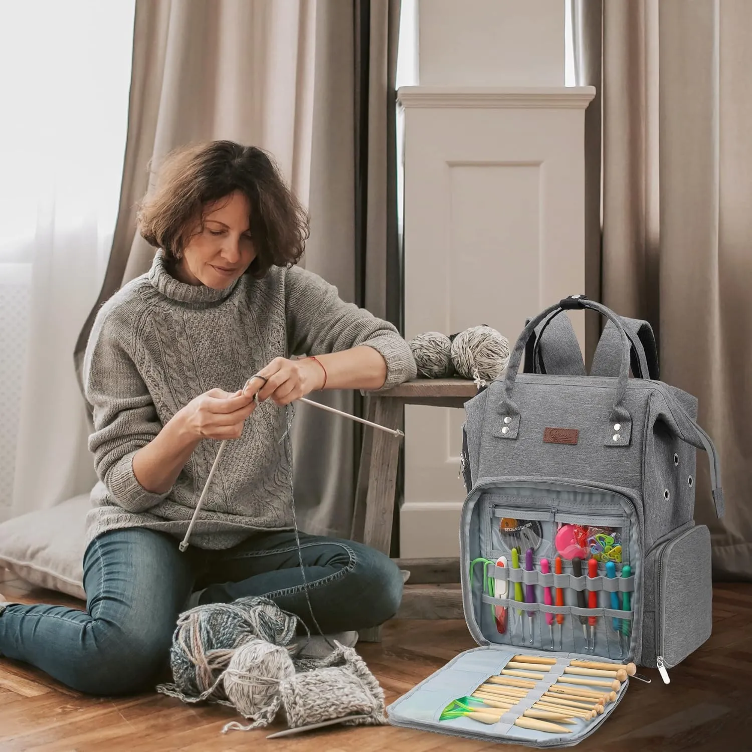 KOKNIT crochet bag,knitting bagBackpack and Tote Bag Storage Bag ，Large capacityYarn Storage Organizer Travel Crochet Bag Women Carrying Crochet Accessories Knitting Needles Crochet