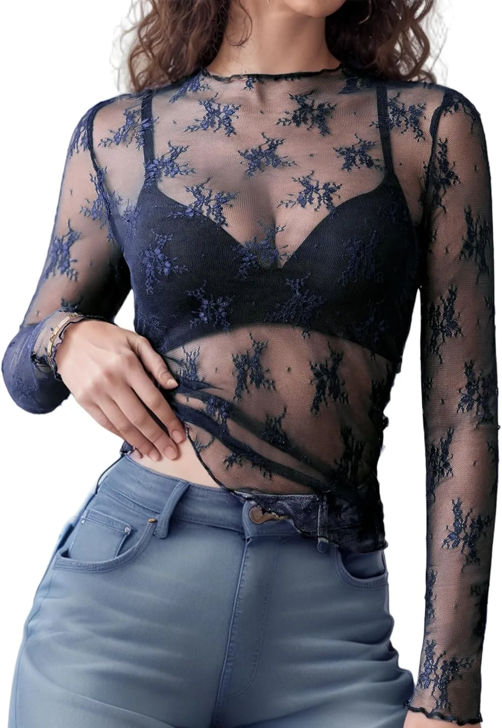 Lace Tops for Women Long Sleeve Mock Neck Mesh Top Sexy Sheer Shirts See Through Floral Blouses