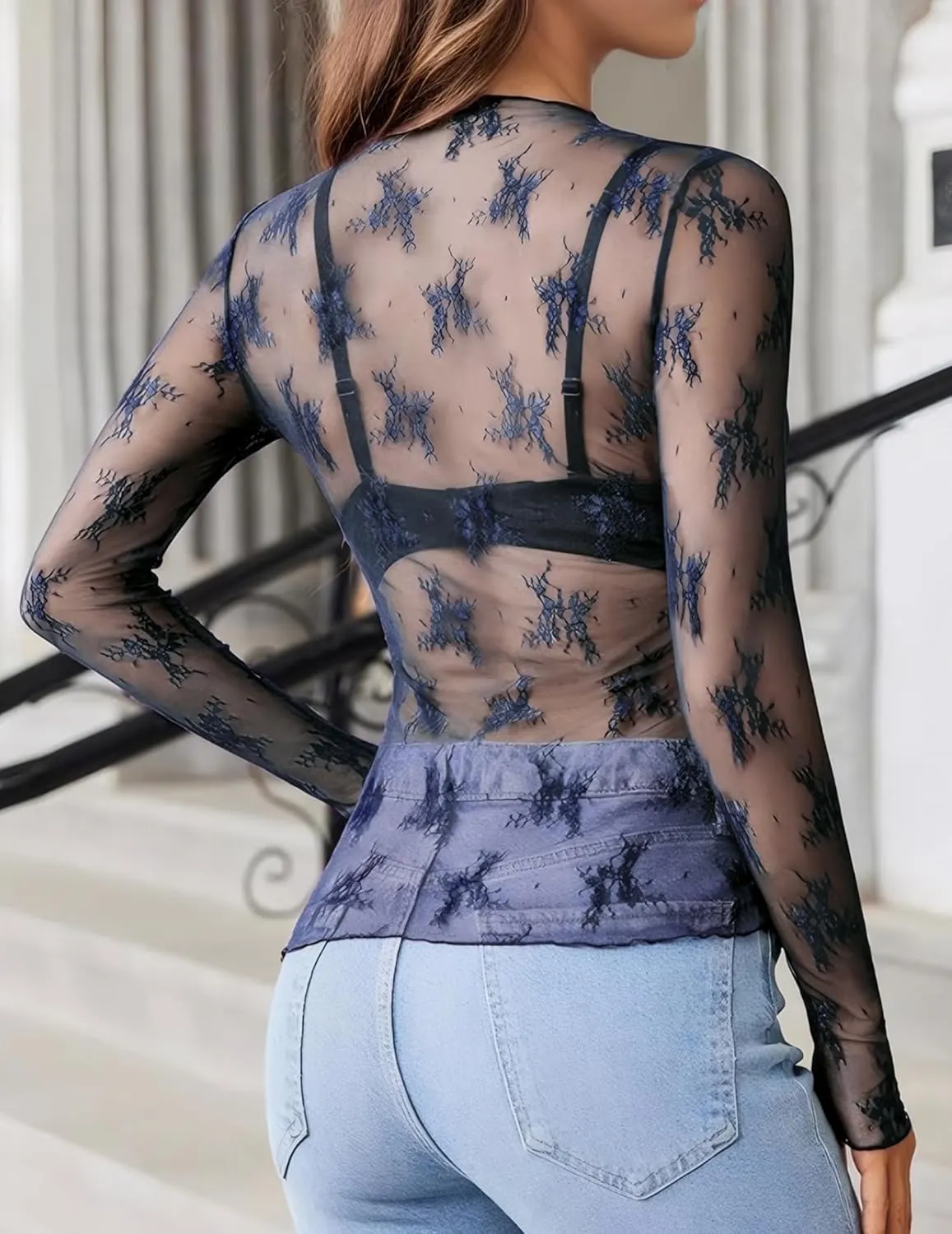 Lace Tops for Women Long Sleeve Mock Neck Mesh Top Sexy Sheer Shirts See Through Floral Blouses