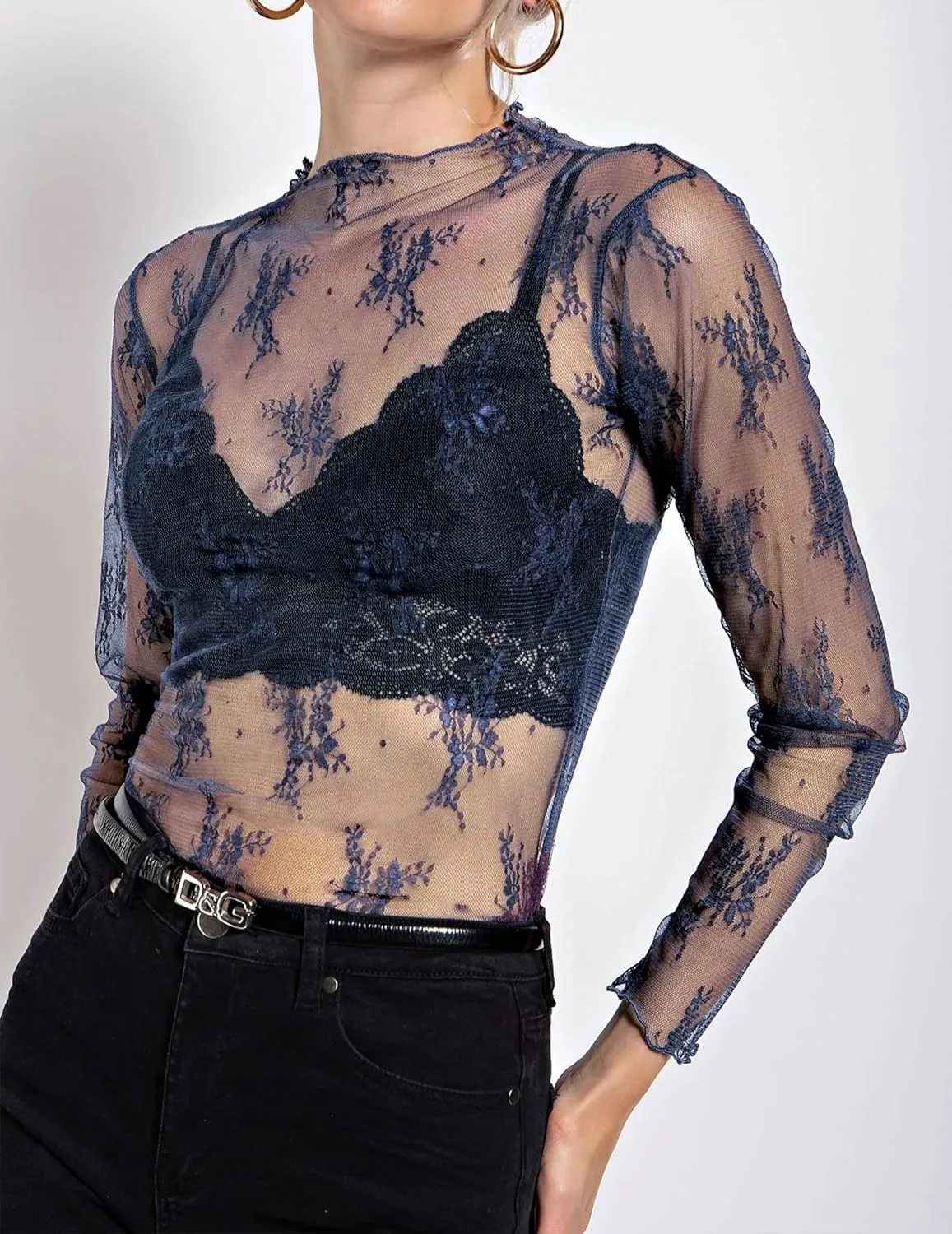 Lace Tops for Women Long Sleeve Mock Neck Mesh Top Sexy Sheer Shirts See Through Floral Blouses