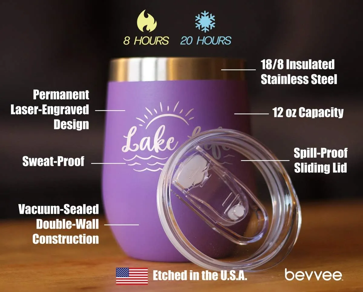 Lake Life - Wine Tumbler with Sliding Lid - Stemless Stainless Steel Insulated Cup - Cute Outdoor Camping Mug - Purple