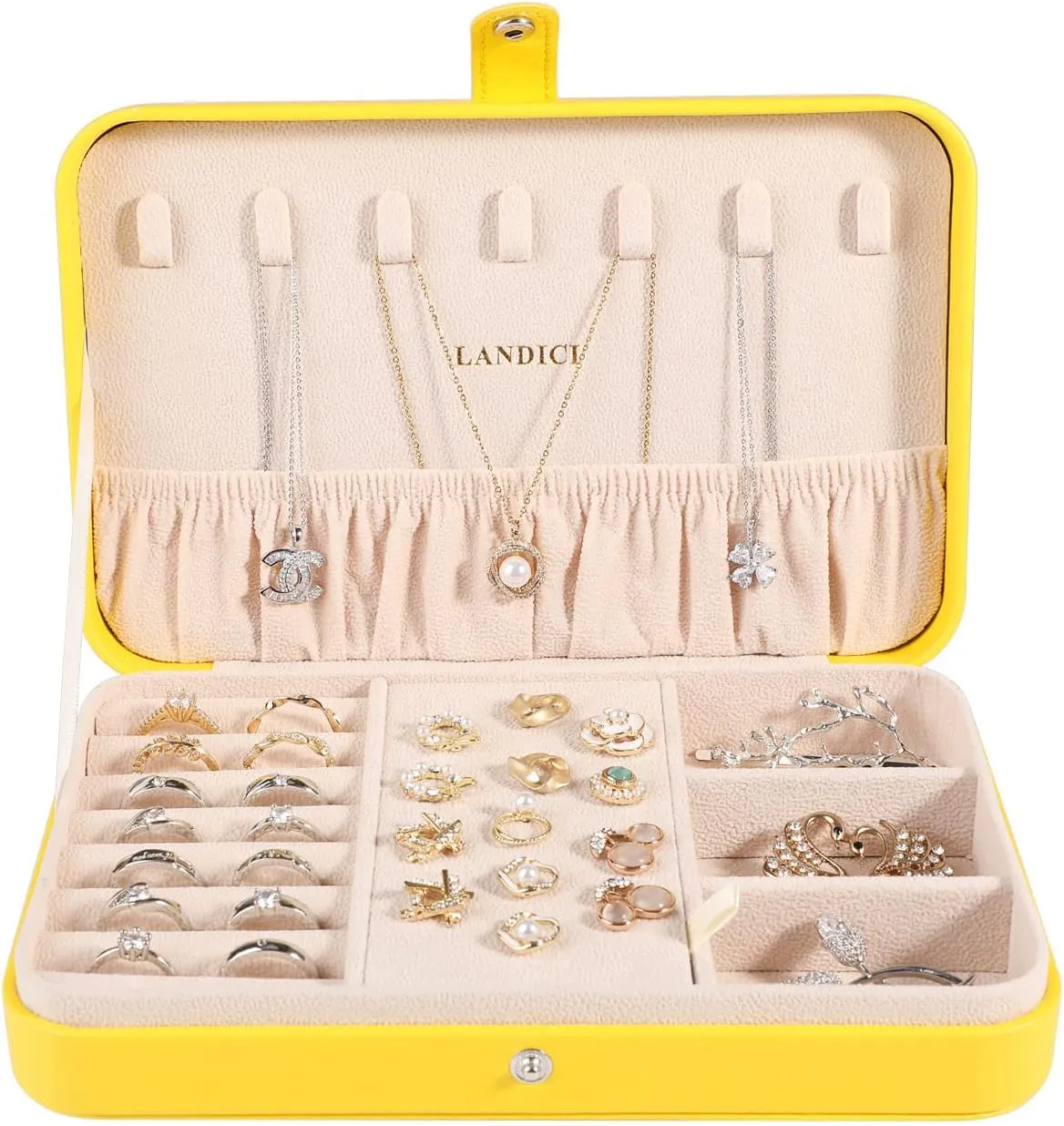 LANDICI Small Jewelry Box for Women Girls, PU Leather Travel Jewelry Organizer Case, Portable Jewellery Storage Holder Display for Ring Earrings Necklace Bracelet Bangle Watch Men Kids Gift, Yellow