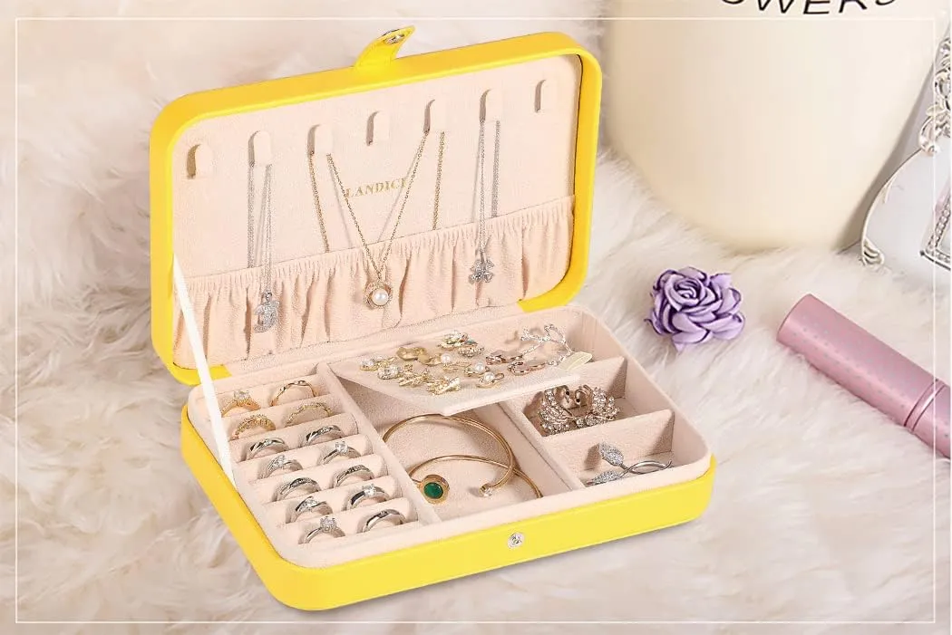 LANDICI Small Jewelry Box for Women Girls, PU Leather Travel Jewelry Organizer Case, Portable Jewellery Storage Holder Display for Ring Earrings Necklace Bracelet Bangle Watch Men Kids Gift, Yellow