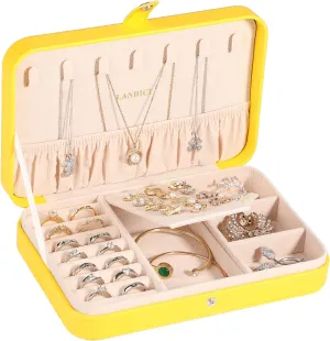 LANDICI Small Jewelry Box for Women Girls, PU Leather Travel Jewelry Organizer Case, Portable Jewellery Storage Holder Display for Ring Earrings Necklace Bracelet Bangle Watch Men Kids Gift, Yellow