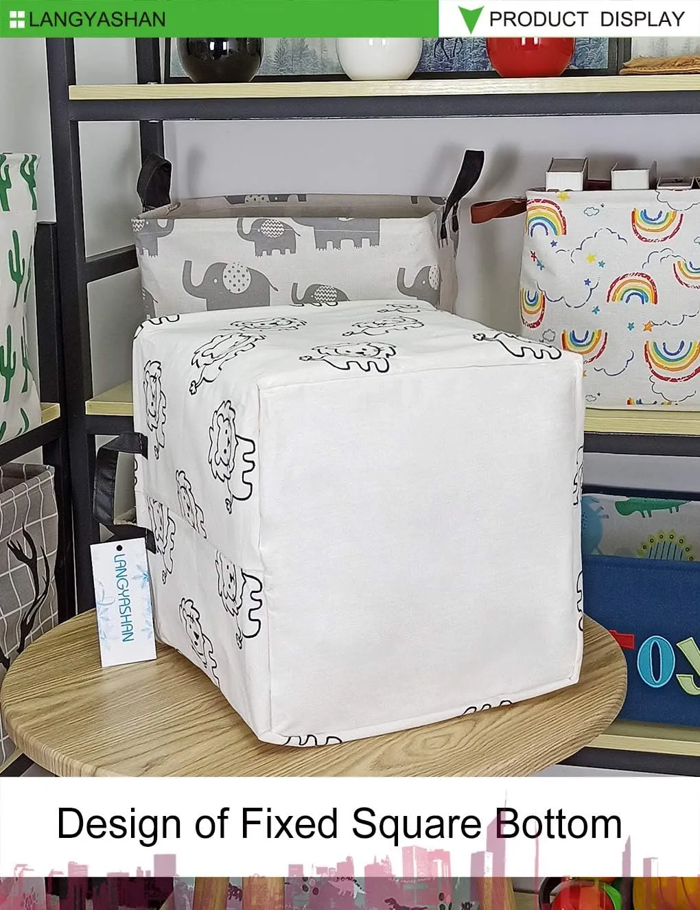 LANGYASHAN Square Storage Baskets Waterproof Canvas Children Laundry Nursery Hamper for Shelves Gift Baskets Toy Organizer Room Decor(Lion)