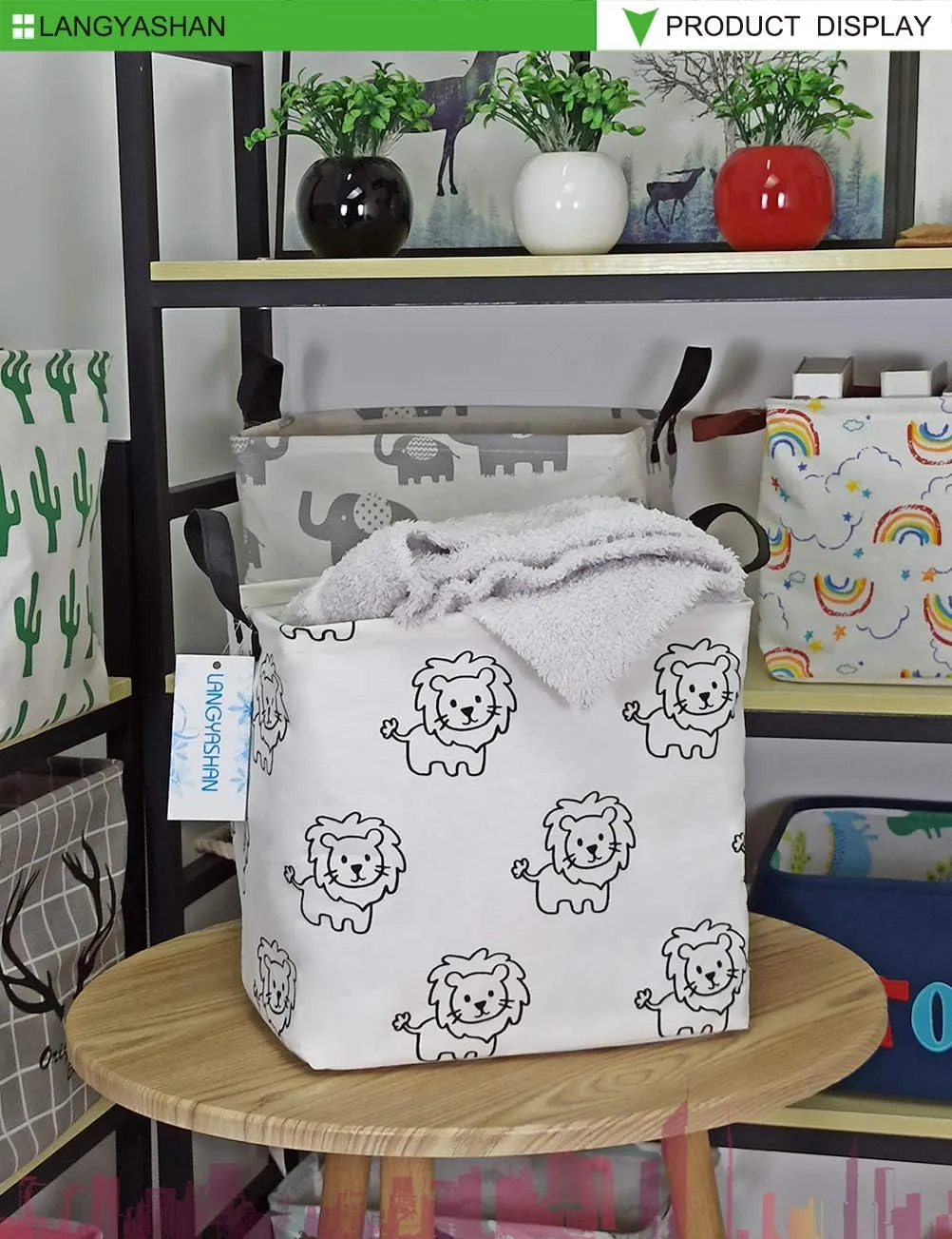 LANGYASHAN Square Storage Baskets Waterproof Canvas Children Laundry Nursery Hamper for Shelves Gift Baskets Toy Organizer Room Decor(Lion)