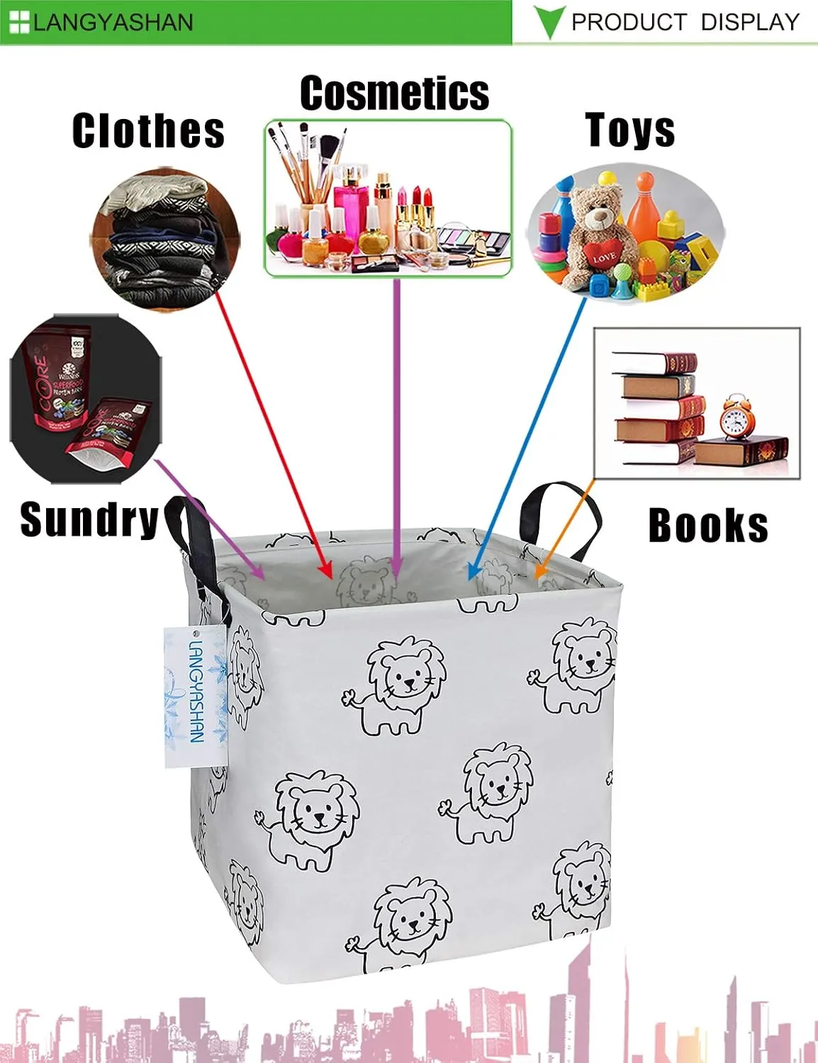 LANGYASHAN Square Storage Baskets Waterproof Canvas Children Laundry Nursery Hamper for Shelves Gift Baskets Toy Organizer Room Decor(Lion)