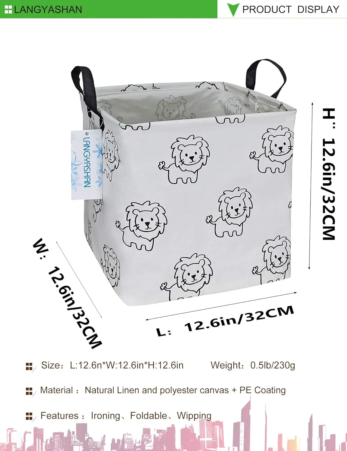 LANGYASHAN Square Storage Baskets Waterproof Canvas Children Laundry Nursery Hamper for Shelves Gift Baskets Toy Organizer Room Decor(Lion)