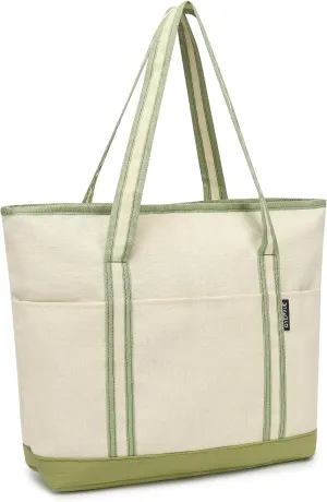 Large Canvas Tote Bag for Women, Beach Bag with Zipper, Utility Tote Bag with 3 Front Pockets, Weekender Pool Bag