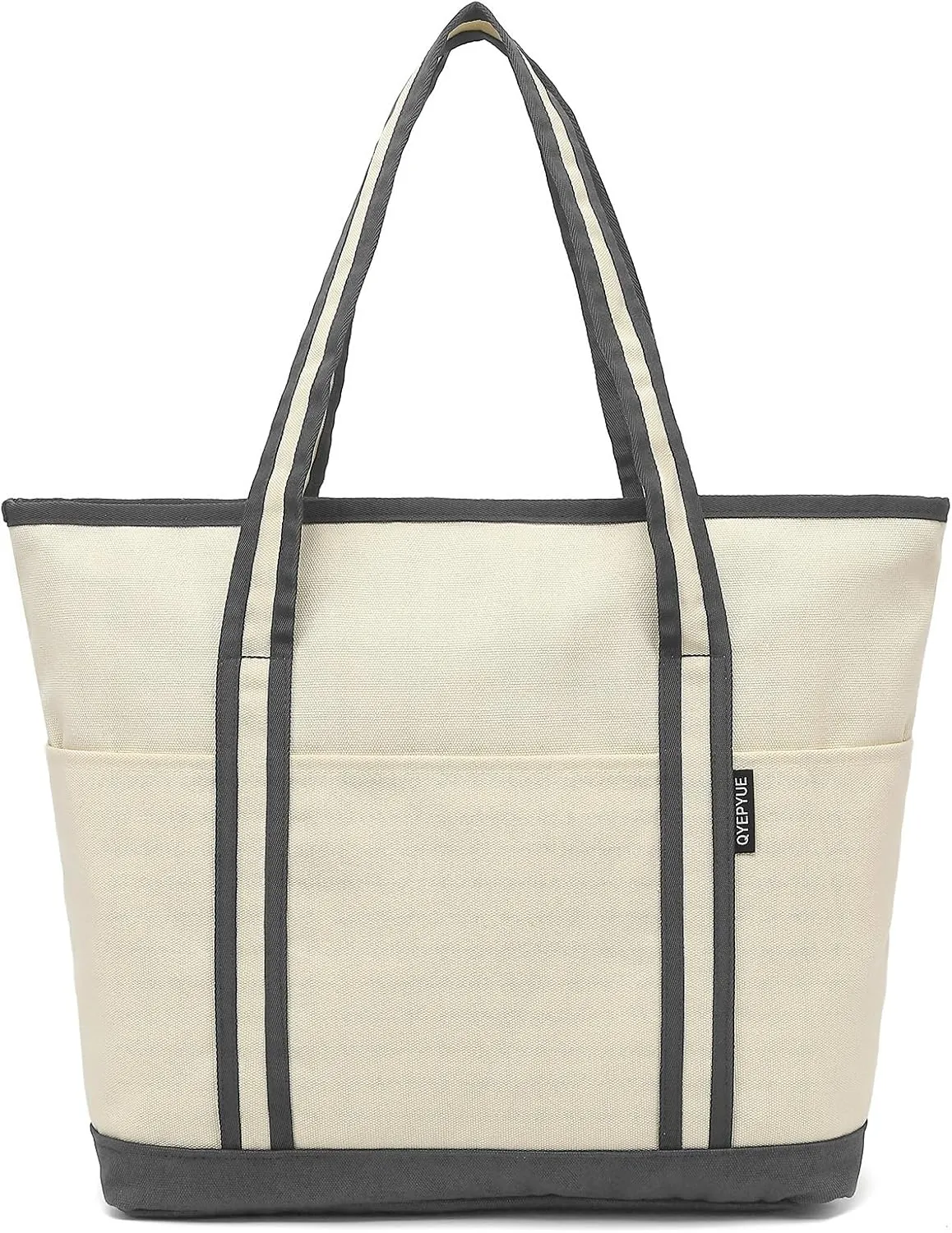 Large Canvas Tote Bag for Women, Beach Bag with Zipper, Utility Tote Bag with 3 Front Pockets, Weekender Pool Bag