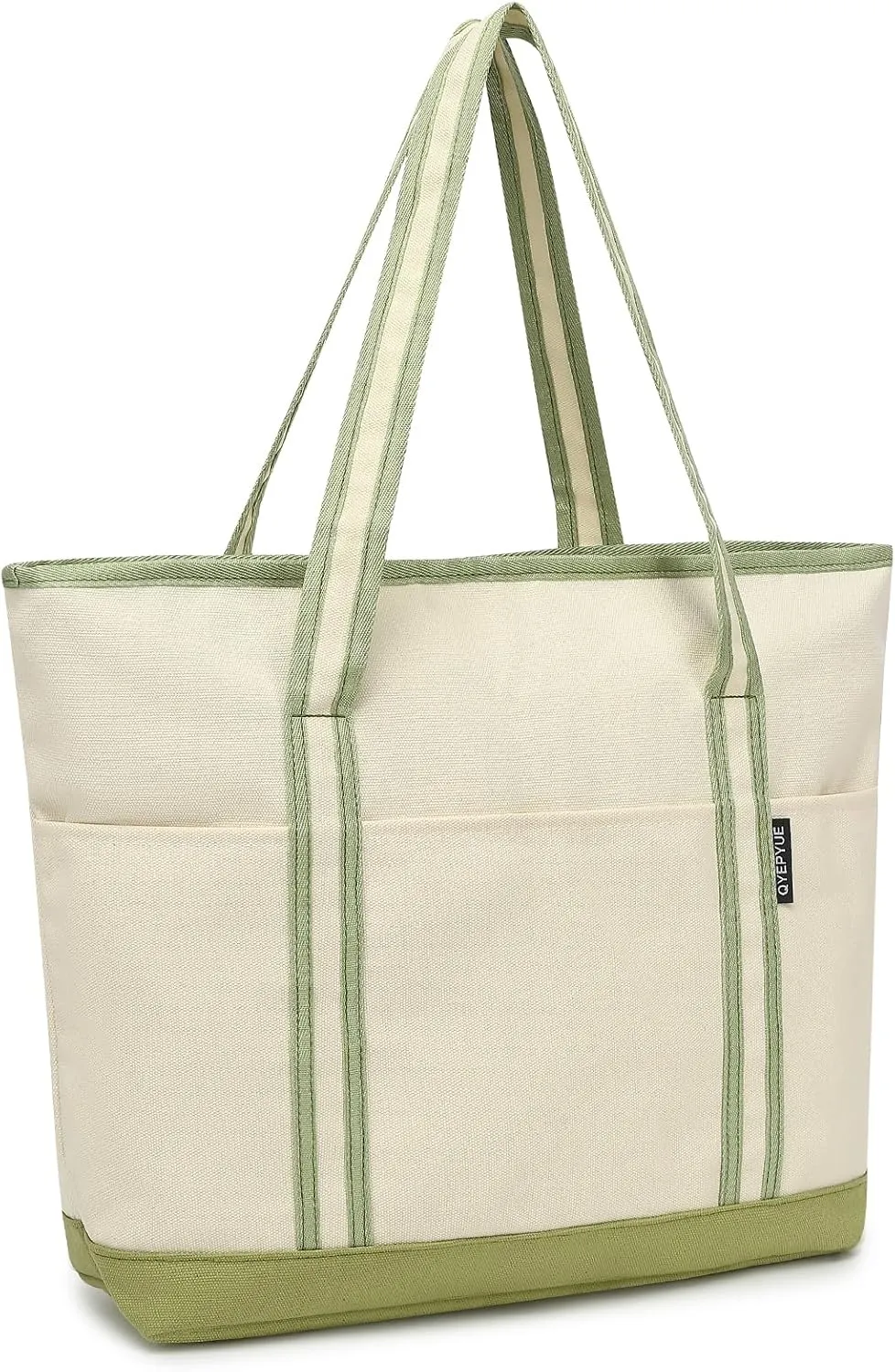 Large Canvas Tote Bag for Women, Beach Bag with Zipper, Utility Tote Bag with 3 Front Pockets, Weekender Pool Bag