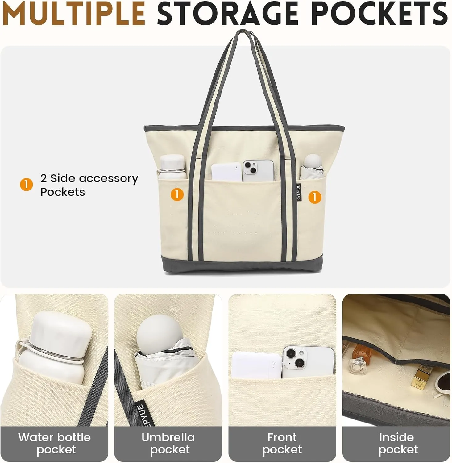 Large Canvas Tote Bag for Women, Beach Bag with Zipper, Utility Tote Bag with 3 Front Pockets, Weekender Pool Bag