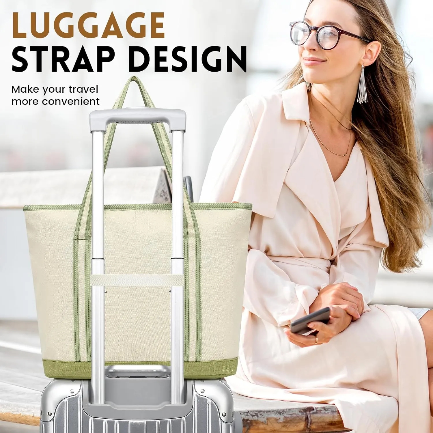 Large Canvas Tote Bag for Women, Beach Bag with Zipper, Utility Tote Bag with 3 Front Pockets, Weekender Pool Bag
