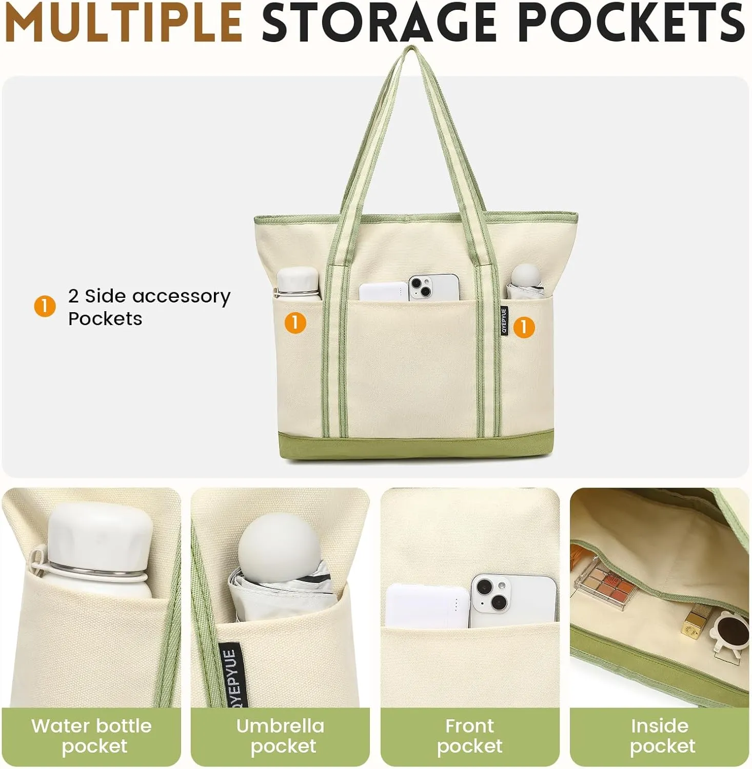 Large Canvas Tote Bag for Women, Beach Bag with Zipper, Utility Tote Bag with 3 Front Pockets, Weekender Pool Bag